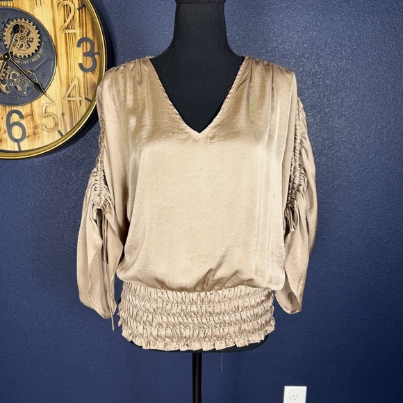 1. State Beige Cinched Sleeve Smocked Waist Top, Size Large - Picture 1 of 7